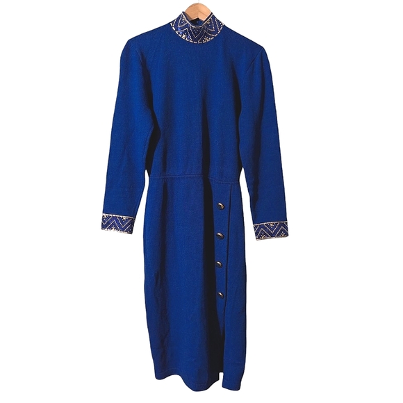 St John Marie Grey Santana Knit Blue Sequin Sheath Knee Length Evening Dress 8 - Picture 1 of 10